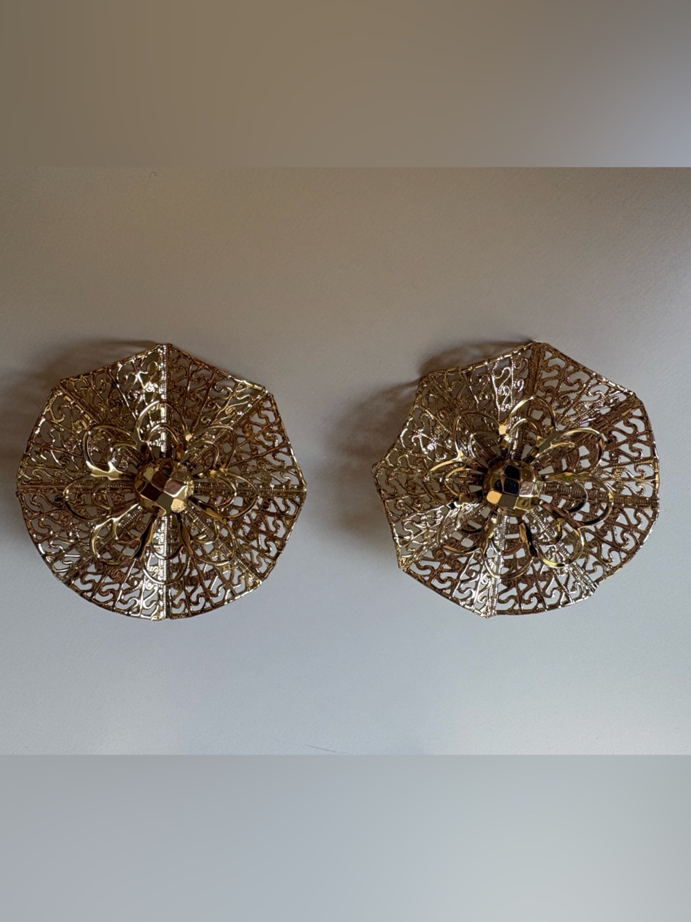 Vintage Emmons Clip-On Earrings Gold Tone Filigree Flower Statement 80s
